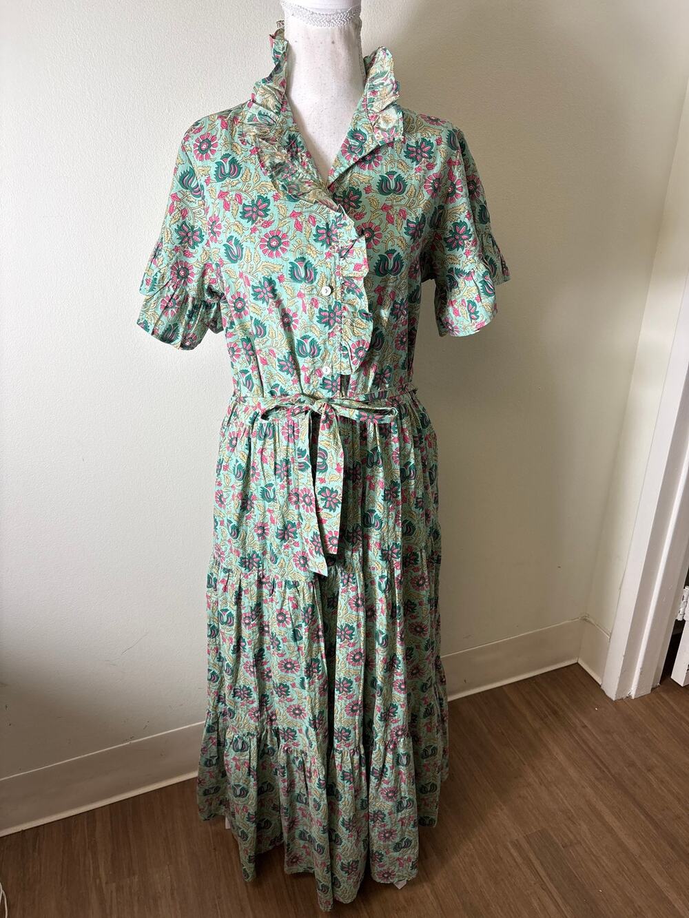 Millie Pink and Green Block Print Ruffled Maxi Dress Sz S